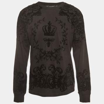 Pre Owned Dolce & Gabbana Dark Grey Bee Crown Flock Print Cotton Jumper M 