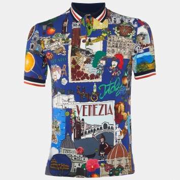 Pre Owned Dolce & Gabbana Navy Blue Italy Print Cotton & Silk Polo T-Shirt XS