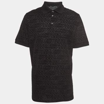 Pre Owned Dolce & Gabbana Black Logo Monogram Cotton Regular Fit Polo T-Shirt 4XL