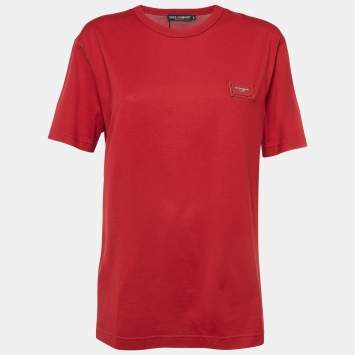 Pre Owned Dolce & Gabbana Red Cotton Logo Patch Round Neck T-Shirt M