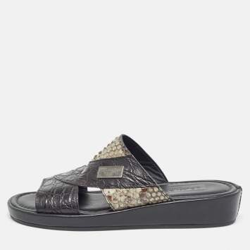 Pre Owned Dolce & Gabbana Black/Green Crocodile and Python Leather Criss Cross Flat Slides  Size 40