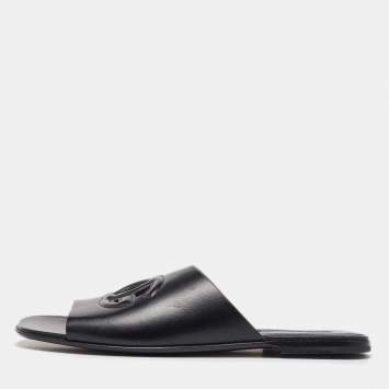 Pre Owned Dolce & Gabbana Black Leather Embossed Logo Slide Flat Sandals Size 45