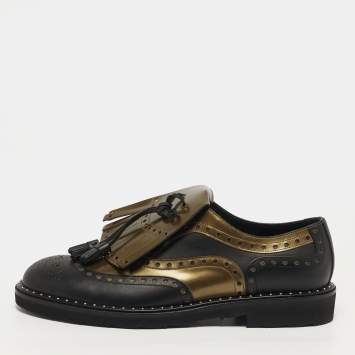 Pre Owned Dolce & Gabbana Size 41 Green/Black Patent and Leather Fringe Brogues
