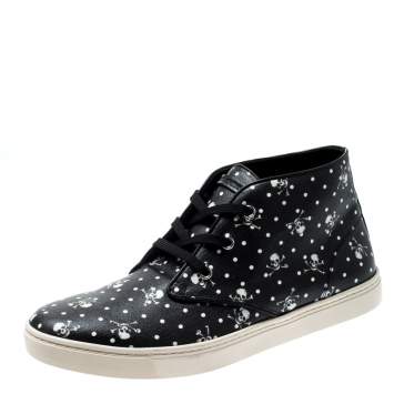 Pre Owned Dolce & Gabbana Black Skull and Cross Bone Print Canvas High Top Sneakers Size 43.5