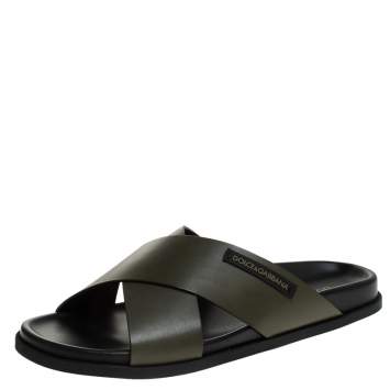 Pre Owned Dolce & Gabbana Olive Green Leather Cross Strap Sandals Size 44