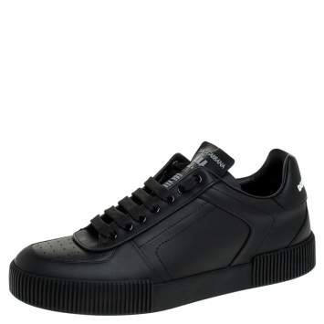 مملوكة مسبقًا Dolce & Gabbana Black Leather Miami Logo Trainer Sneakers Size 43.5 