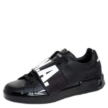 Pre Owned Dolce & Gabbana Black Elastic Logo Leather Melt Portofino Sneakers Size 42.5