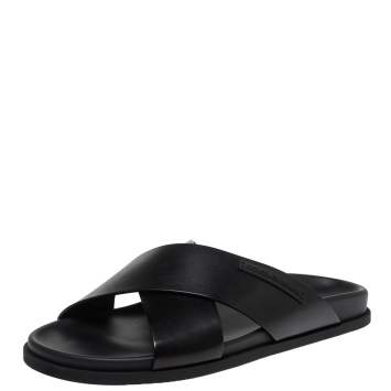 مملوكة مسبقًا Dolce & Gabbana Black Leather Criss Cross Strap Flat Slides Size 40
