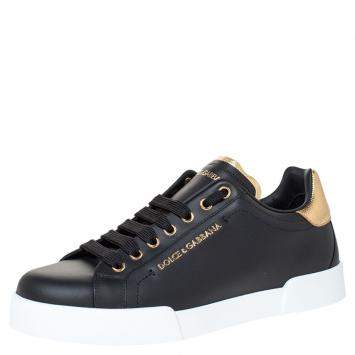 Pre Owned Dolce & Gabbana Black/Gold Leather Lace Up Sneakers Size 40