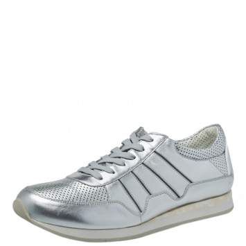 Pre Owned Dolce & Gabbana Metallic Silver Perforated Leather Lace Up Sneakers Size 44