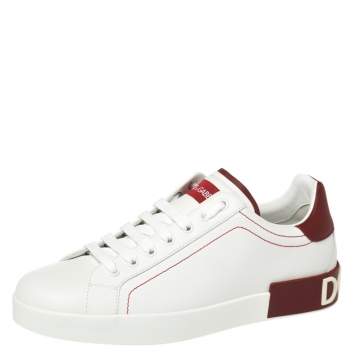Pre Owned Dolce & Gabbana White/Red Leather Portofino Low Top Sneakers Size 42