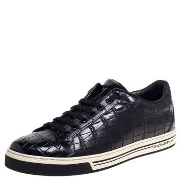 Pre Owned Dolce & Gabbana Black Croc Embossed Leather Sneakers Size 45