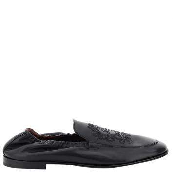 Pre Owned Dolce & Gabbana Black Calfskin Leather DG Coat Of Arms Embroidery Loafers Size IT 40