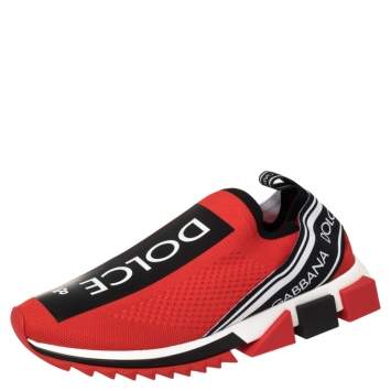Pre Owned Dolce & Gabbana Red Knit Fabric Sorrento Slip On Sneakers Size 43