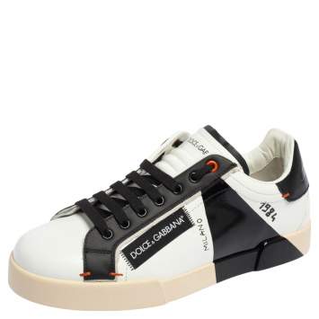Pre Owned Dolce & Gabbana Black/White Leather Portofino 1984 Low Top Sneakers Size 42