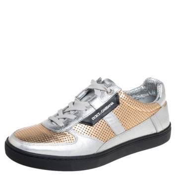 Pre Owned Dolce & Gabbana Gold/Silver Perforated Leather Low Top Sneakers Size 41