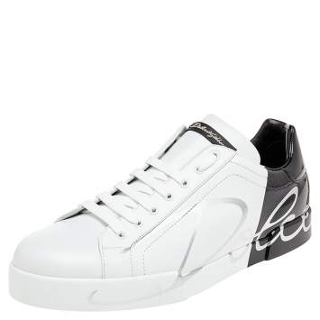 Pre Owned Dolce & Gabbana White/Black Leather Portofino Lace Up Sneakers Size 46