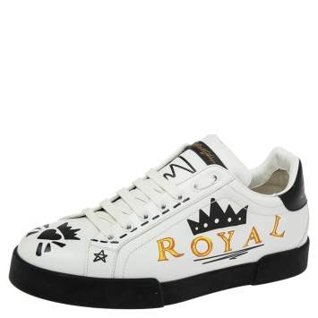 Pre Owned Dolce & Gabbana White/Black Leather Portofino Lace Up Sneakers Size 42