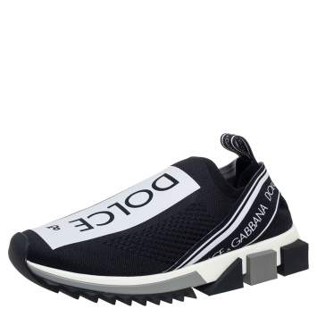 Pre Owned Dolce & Gabbana Black/White Knit Fabric Sorrento Slip On Sneakers Size 39.5