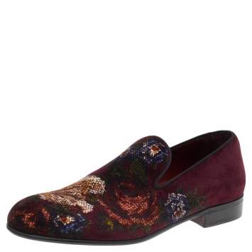 Pre Owned Dolce & Gabbana Burgundy Velvet Floral Slip On Loafers Size 41