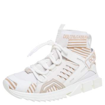 Pre Owned Dolce & Gabbana White/Beige Fabric Sorrento Logo Sneakers Size 42