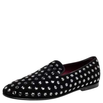 Pre Owned Dolce & Gabbana Black Suede Crystal Embellished  Slip On Loafers Size 42 