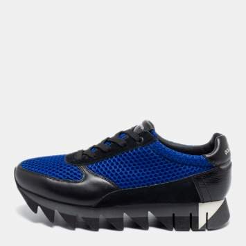 Pre Owned Dolce and Gabbana Blue/Black Mesh, Suede and Leather Low-Top Sneakers Size 41.5