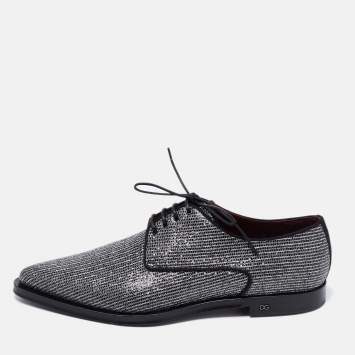 Pre Owned Dolce & Gabbana Metallic Black/Silver Glitter And Lurex Fabric Millennials Lace Up Derby Size 44.5