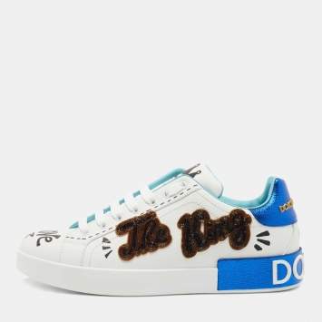 Pre Owned Dolce & Gabbana White Portofino Leather Printed Sneakers Size 42.5