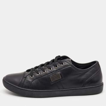 Pre Owned Dolce & Gabbana Black Leather Logo Plaque Low Top Sneakers Size 44