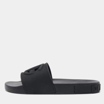 Pre Owned Dolce & Gabbana Black Rubber Logo Flat Slides Size 43
