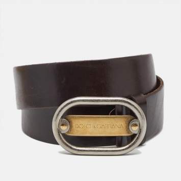 Pre Owned Dolce & Gabbana Dark Brown Leather Oval Logo Buckle Belt 95CM