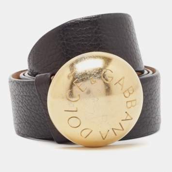 Pre Owned Dolce & Gabbana Black Leather Round Logo Plague Belt 95 CM