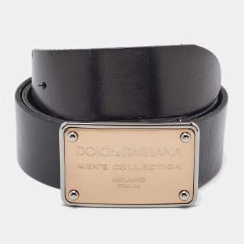 Pre Owned Dolce & Gabbana Black Leather Logo Plaque Belt 95CM