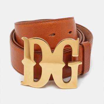 Pre Owned Dolce & Gabbana Tan Leather DG Logo Plaque Belt 95CM