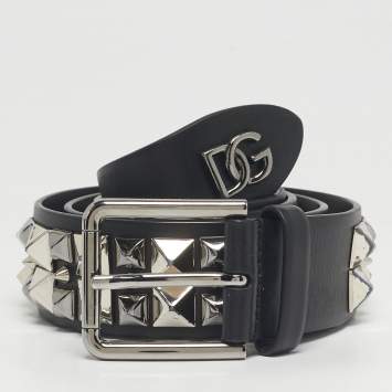 Pre Owned Dolce & Gabbana Black Leather Studded DG Buckle Belt 105CM