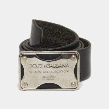 Pre Owned Dolce & Gabbana Logo Plaque 100 CM Buckle Belt Black Leather