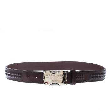 Pre Owned Dolce & Gabanna Dark Brown Leather Logo Plaque Belt 95CM