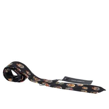 Pre Owned Dolce & Gabbana Black Crest Print Skinny Silk Tie 