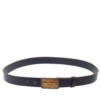 Pre Owned Dolce & Gabbana Dark Grey Leather Logo Plaque Belt 95CM