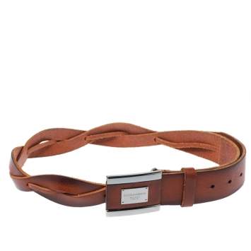 Pre Owned Dolce & Gabbana Brown Braided Leather Belt Size 85