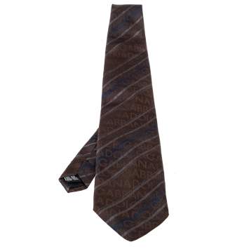 Pre Owned Dolce & Gabbana Brown Logo Silk Striped Tie 