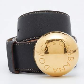 Pre Owned Dolce & Gabbana Black Leather Round Logo Plague Belt 95 CM