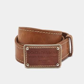 Pre Owned Dolce & Gabbana Brown Leather Logo Plaque Belt 95 CM