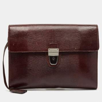 Pre Owned Dolce & Gabbana Burgundy Lizard Embossed Leather Wristlet Lock Pouch
