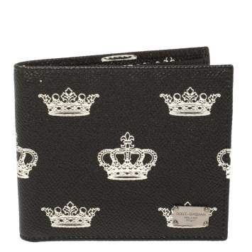 Pre Owned Dolce & Gabbana Black/White Crown Print Leather Bifold Wallet
