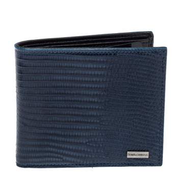 Pre Owned Dolce & Gabbana Navy Blue/Black Lizard Embossed Leather Bifold Wallet