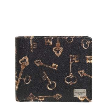 Pre Owned Dolce & Gabbana Black Key Print Leather Bifold Wallet