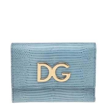 Pre Owned Dolce & Gabbana Blue Lizard Embossed Leather DG Trifold Wallet