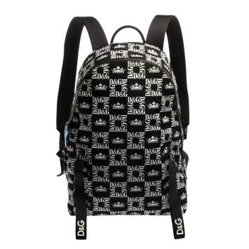 Pre Owned Dolce & Gabbana Black/White Printed Nylon and Leather Logo All Over Backpack